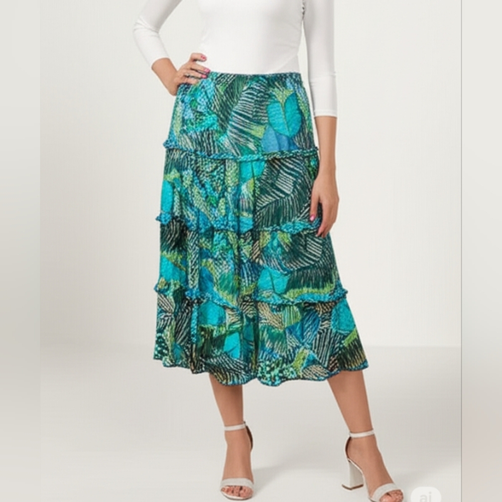 Hillard & Hanson Tiered Midi Skirt XS Blue/Green Fauna with Metallic Detail